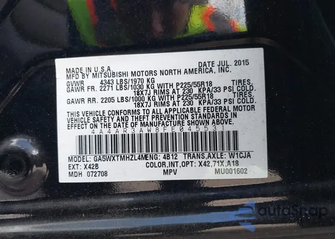 2015 Mitsubishi Outlander Sport Es из США, поврежденный, VIN 4A4AR3AW8FE045531